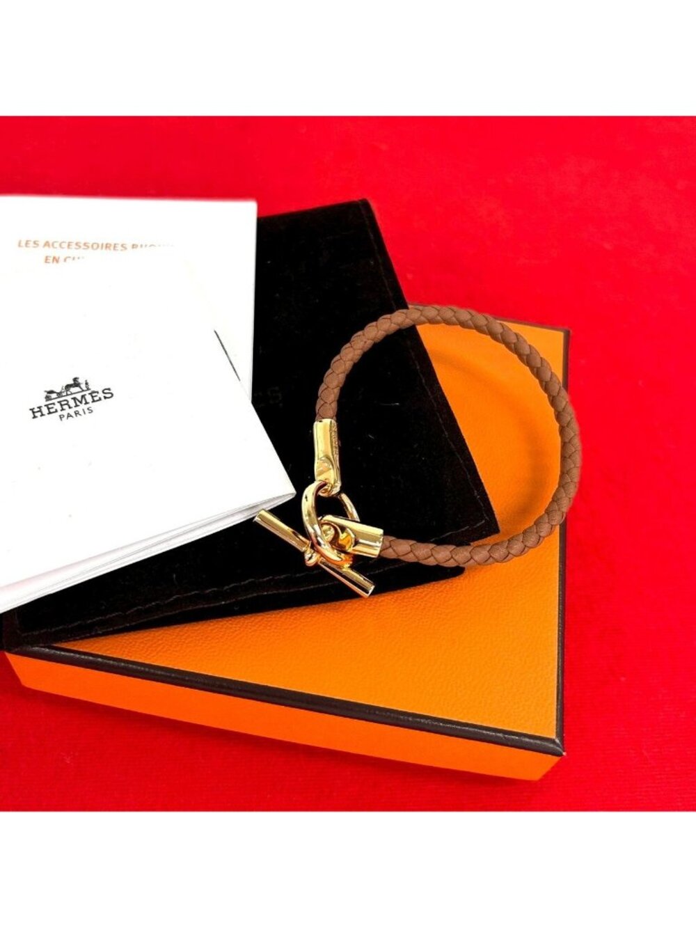 Hermes Glenan Bracelet Leather Bangle Brown Gold